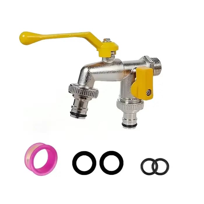 Robinet de jardin à double sortie - connexion de 1/2 pouce, idéal pour l'arrosage et l'entretien des pelouses, compatible avec les arroseurs et les pistolets à eau.