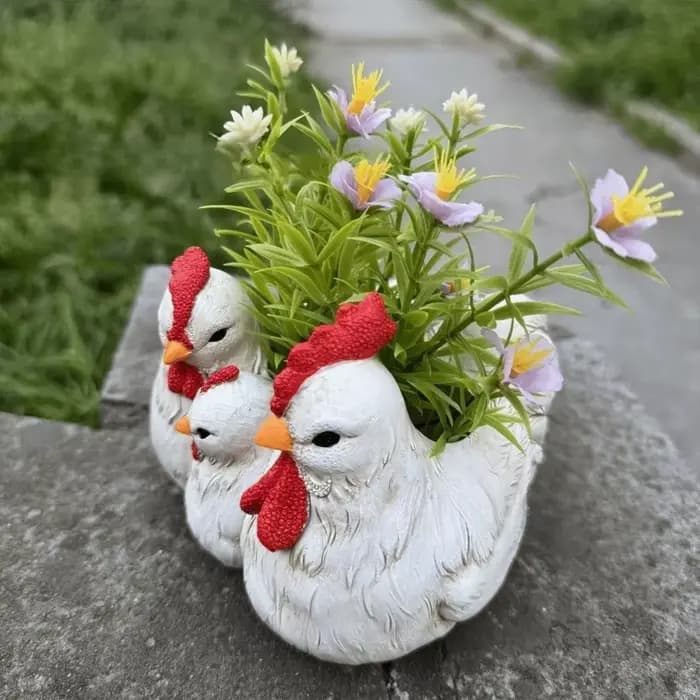 Pot de fleurs décoratif en forme de famille de poulets
