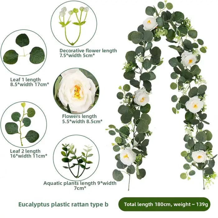 Guirlande d'eucalyptus simili exuberante de 70,8 pouces avec fleurs blanches – Parfaite pour la décoration de la maison et des vacances, tenture murale, cour et accents de fête