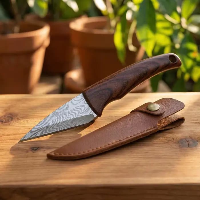 Couteau de greffage Sharp avec manche en bois et étui en cuir