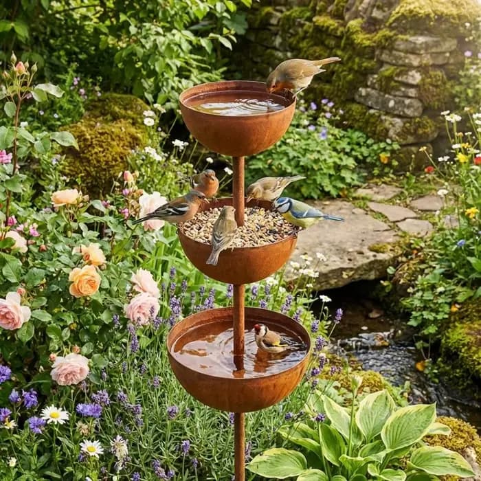 Bain d'oiseaux en métal à 3 niveaux, style vintage, en fer, décoratif, attrape-pluie, piquet de jard