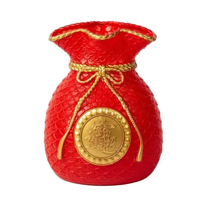 Vase en plastique en forme de sac porte-bonheur rouge/doré