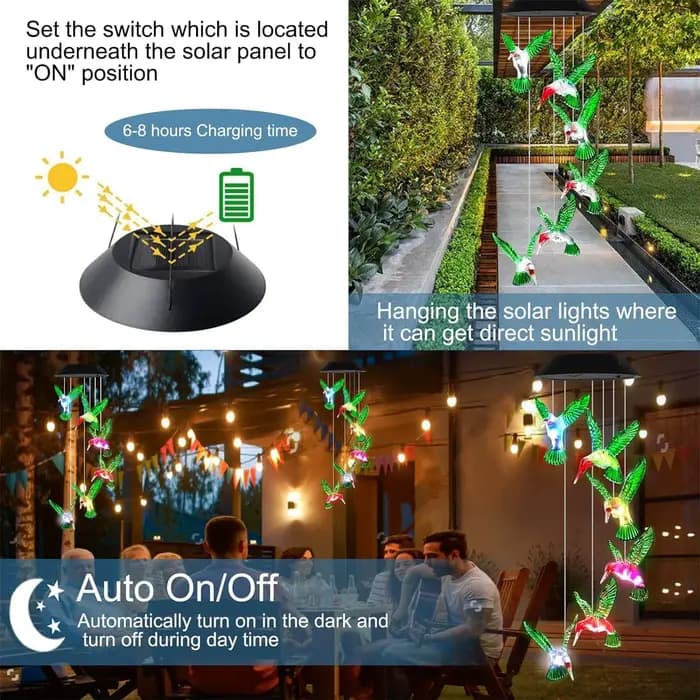 1PC Carillon éolien LED de jardin à dégradé de couleurs, solaire, en forme de colibri, pour éclairag