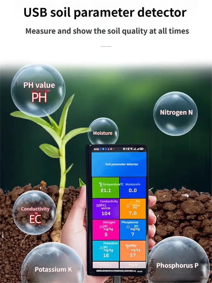 Testeur de sol de haute qualité PH EC mètre 8 en 1 avec 5 broches mesure température humidité NPK dé